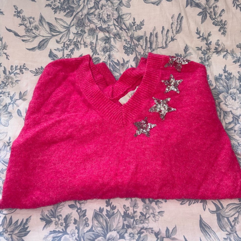 LOFT V-Neck Sweater in Pink with Silver Stars